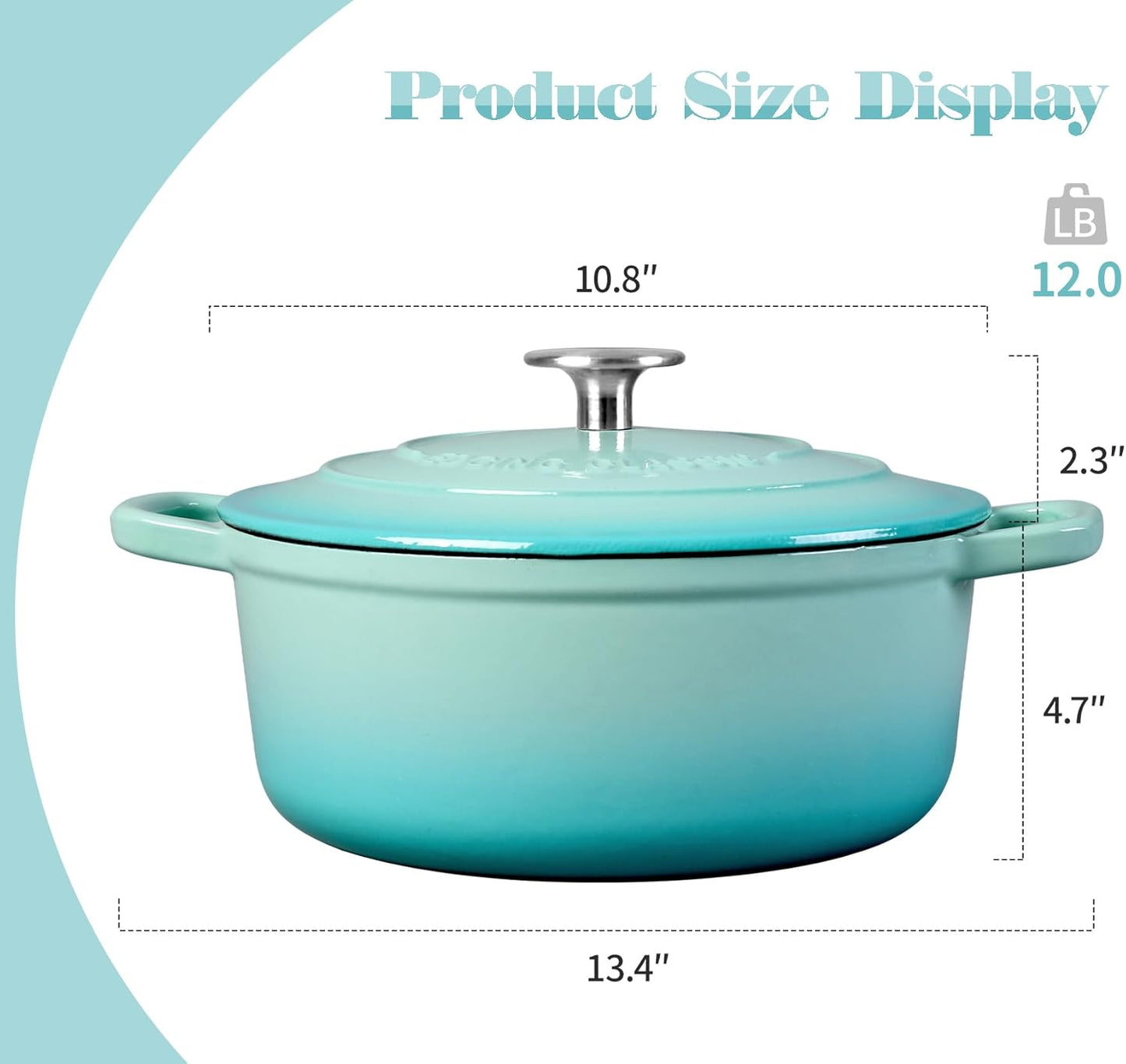 Enameled Cast Iron Covered 5.5 Quart Dutch Oven with Dual Handle for Bread Baking, Dutch Ovens with Lid, Peacock Blue