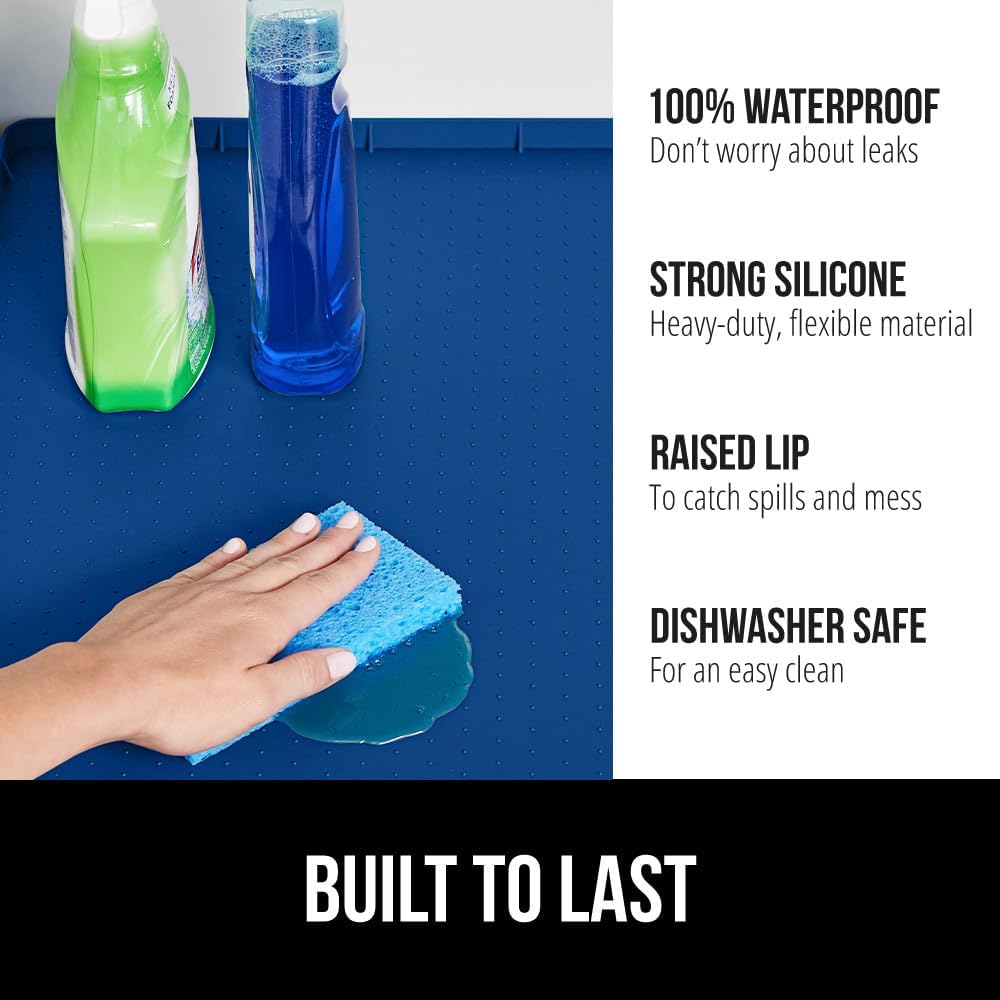 GORILLA GRIP Waterproof Silicone Under Sink Mat with Raised Lip for Kitchen and Bathroom, Cabinet Shelf Liner Stay in Place Mats Dishwasher Safe Drawer Liner, Organizer Tray, 19 x 34 in, Blue