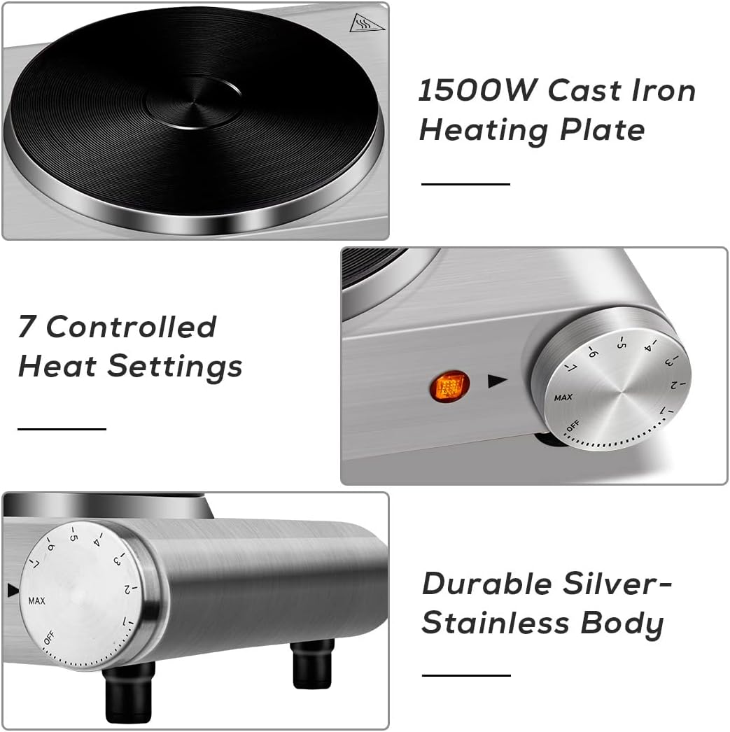 Hot Plate, CUSIMAX Electric Burner 1500W Hot Plate Cooking Single Burner Electric Stove with Heat-up in Seconds Adjustable Temperature Control Silver Stainless Steel Body, Your Kitchen Assistant