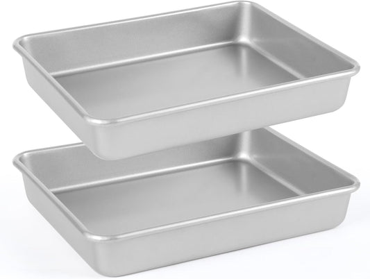 9x11 Baking Pan, Rectangle Cake Pan, 2-Pieces Nonstick Sheet Cake Pans Heavy Duty, Toaster Oven Tray Deep Size for Lasagna, Brownie, Siliver