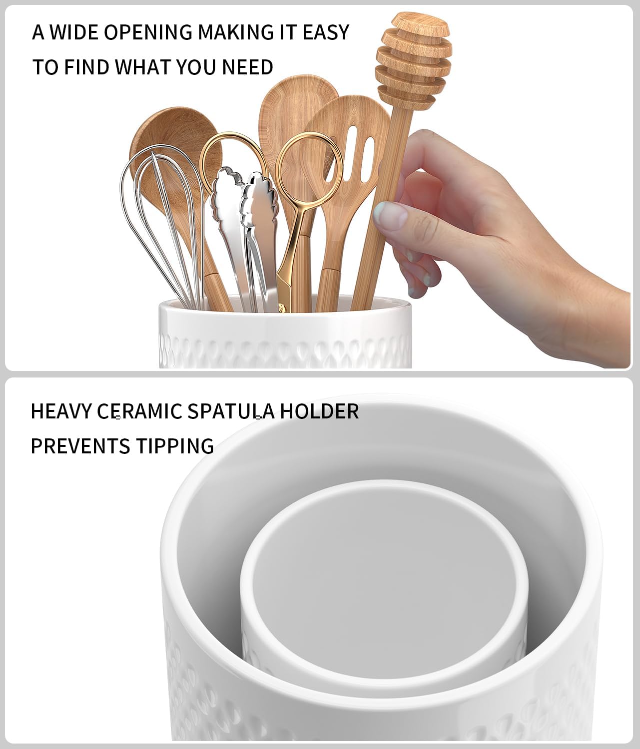 2 Pack Ceramic Utensil Caddy, Large Spatula Holder, Farmhouse Kitchen Decor for Silverware Spoon Crocks