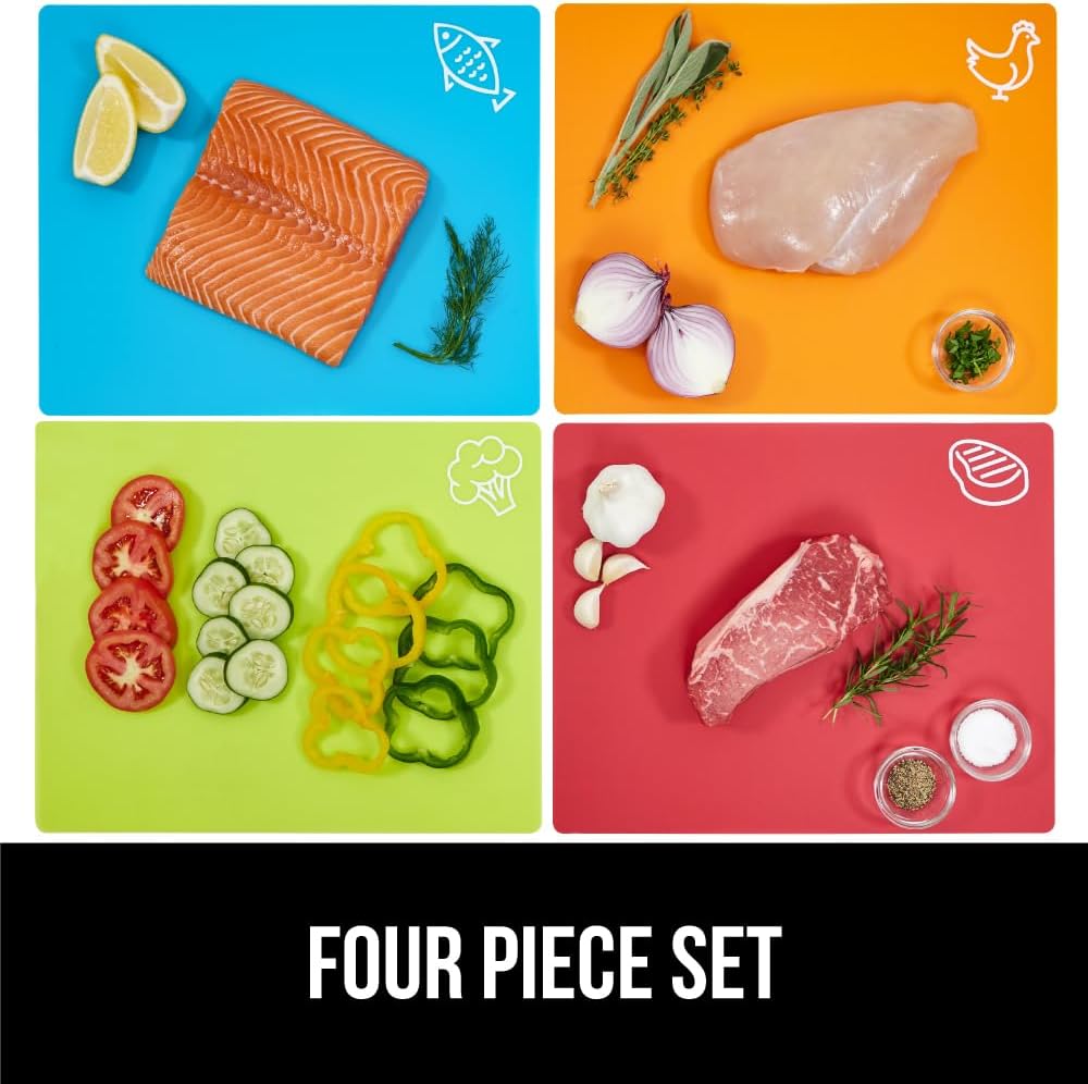 GORILLA GRIP 100% BPA-Free Flexible Cutting Board Set of 4, Durable Plastic Mats with Food Icons for Meal Prepping, Large Kitchen Chopping Mat, Use for Meat Fish Vegetables Fruit, 15x12, Multicolor