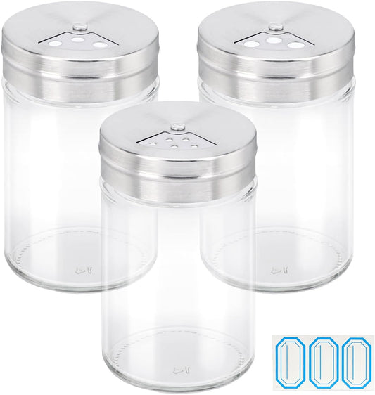 Segarty Spice Jars, 3 Pack 3 oz Spice Bottles with Shaker Lids, Glass Empty Seasoning Containers with Adjustable Pour Holes for Kitchen Spice Storage Stainless Steel Flow Top Salt and Pepper Shakers