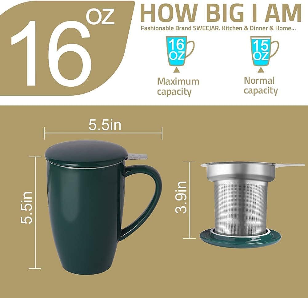 Sweejar Porcelain Tea Infuser Mug with Lid, 16 oz Teacup with Strainers for Loose Leaf Tea, Microwave and Dishwasher Safe Coffee Mug(New Jade)