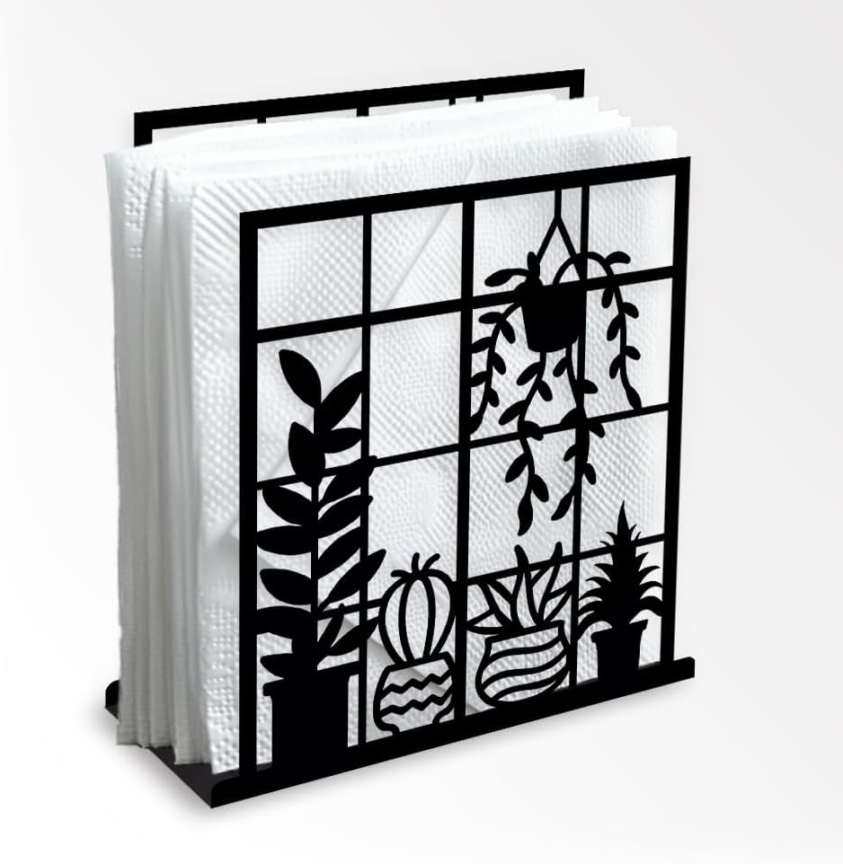 Potted Plant Decorative Black Metal Napkin Holder for Table, 4.9"x5.3"x1.9" Window Sill Hanging Basket Standing Napkin Holder for Home Kitchen Restaurant Picnic Party Coffee Bar Dining Room