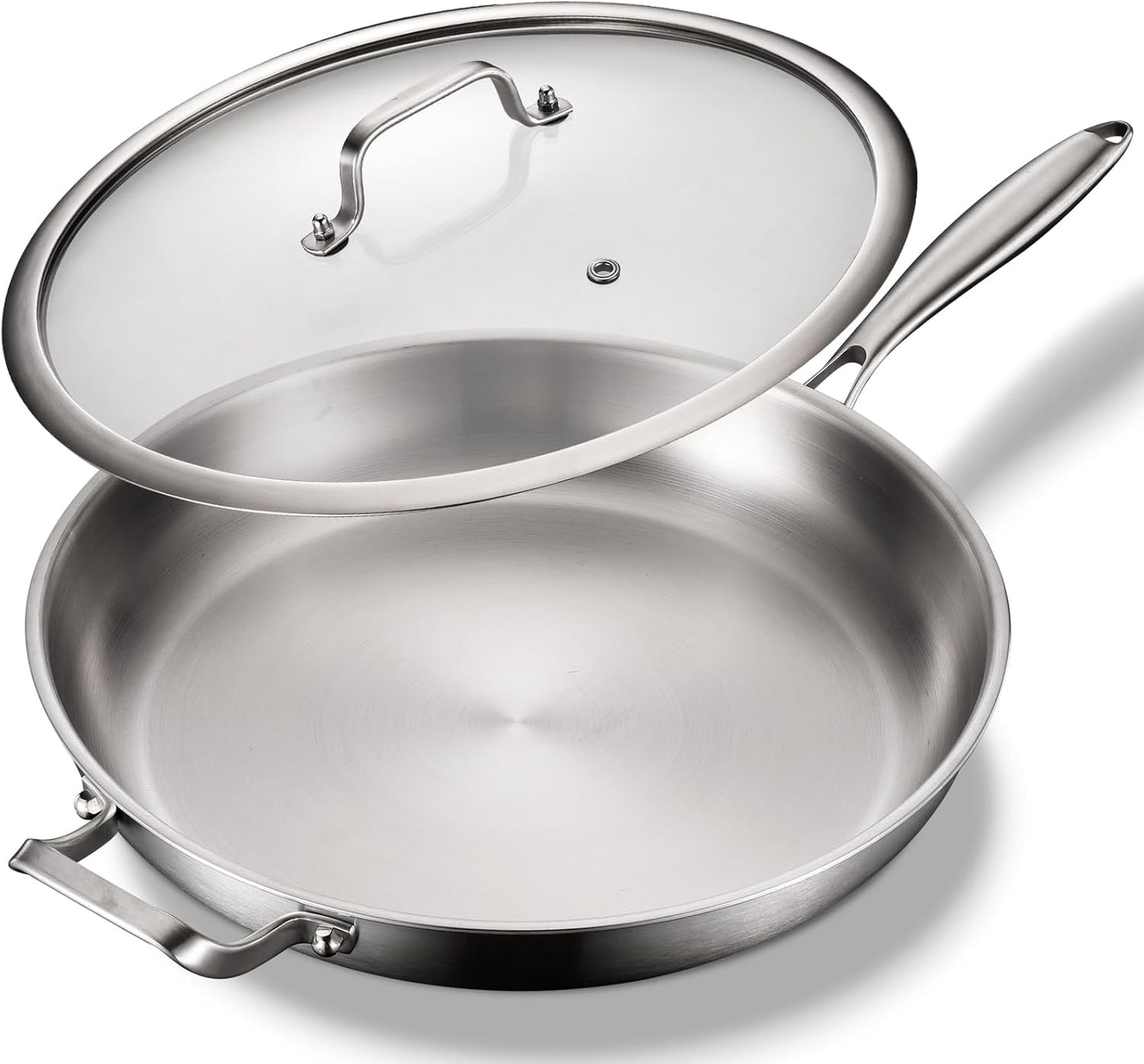 DELARLO Stainless Steel Pan, 14.2 Inch Frying Pan, Tri-Ply Skillet with Lid, Oven Safe Up to 600℉,Stainless Steel Cookware, Fast Even Heat, Large Cooking Surface,Non Toxic Skillet