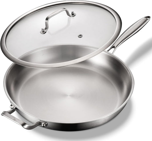 DELARLO Stainless Steel Pan, 14.2 Inch Frying Pan, Tri-Ply Skillet with Lid, Oven Safe Up to 600℉,Stainless Steel Cookware, Fast Even Heat, Large Cooking Surface,Non Toxic Skillet