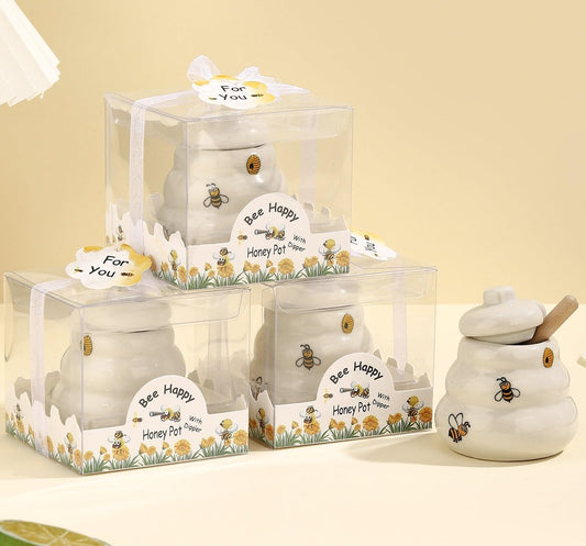 12 Sets Ceramic Bee-Happy Honey Pot with Dipper，Honey Jar Serving Set with Exquisiting Package for Wedding Favor,Bridal Shower Favor, Baby Shower Favor，Party Favor (12)