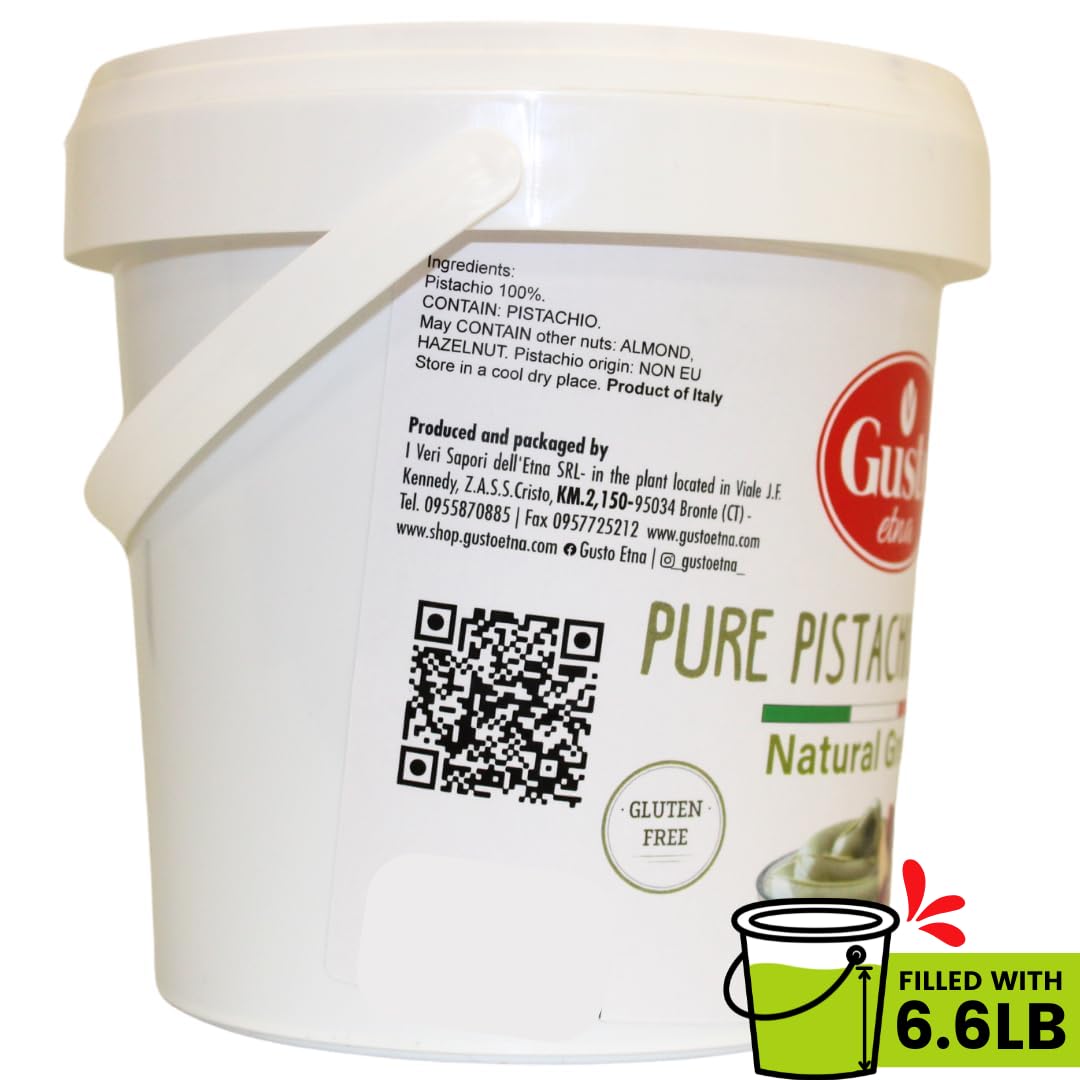 Gusto Etna 100% Pure Pistachio Paste – 3kg / 6.6 lb Bulk Tub – Unsweetened Italian Pistachio Butter, No Sugar, No Artificial Colors – Premium Nut Spread for Baking & Pastry – Product of Sicily