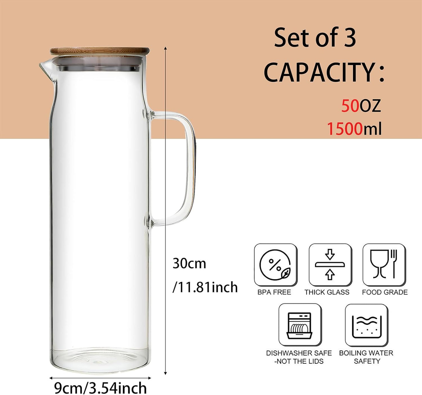 50oz Glass Pitcher with Lid, Glass Water Carafe with Handle, Fridge Water Jug Cold or Hot Beverages, Iced Tea, Milk, Juice (Set of 2)