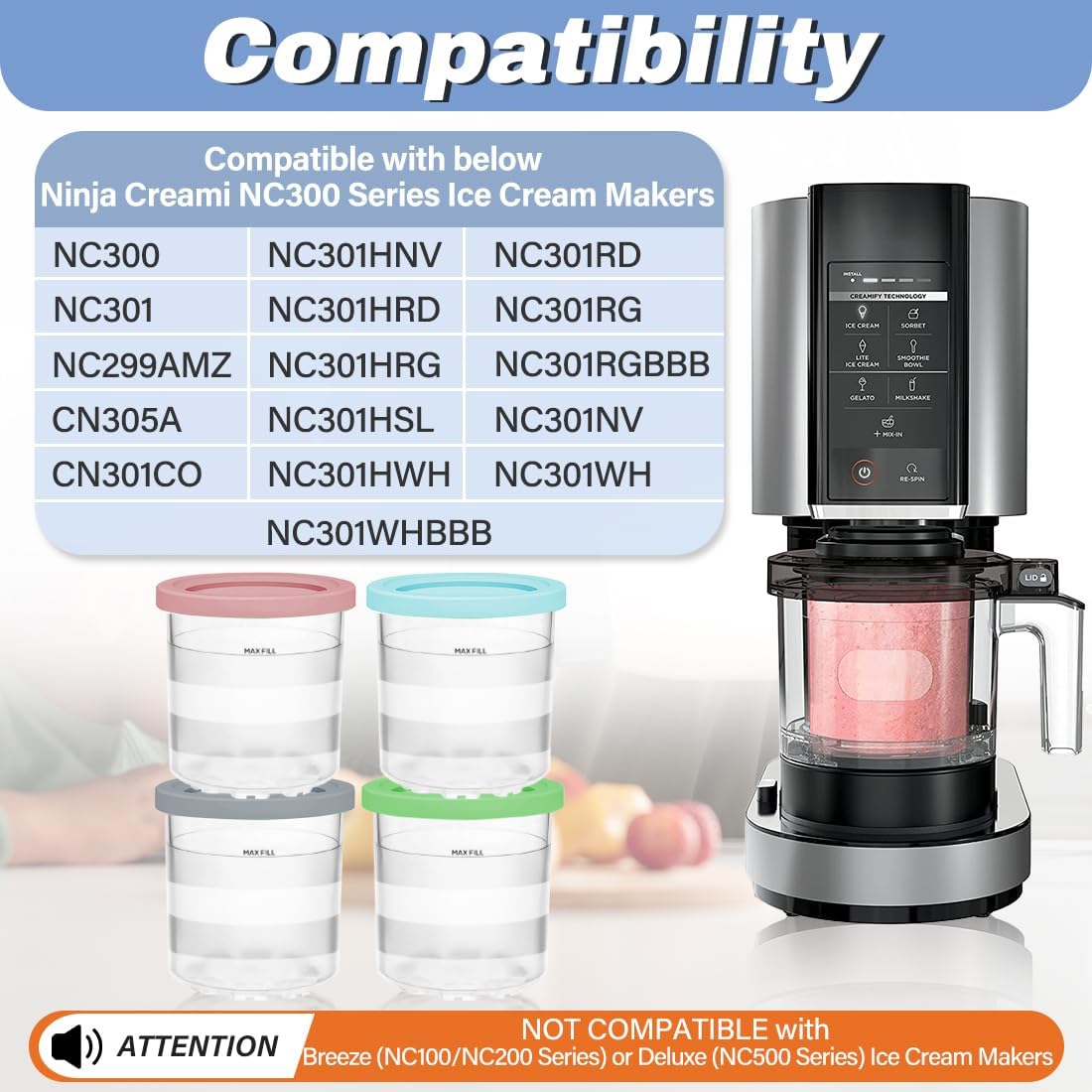 NANOBABY Pint Containers and Lids Replacement Compatible with Ninja CREAMi 7-in-1 Ice Cream Maker, 16oz Pint Cup Replacement for Ninja Creami NC300 Series,NC301 NC299AMZ CN305A CN301CO,4-Pack,BPA Free