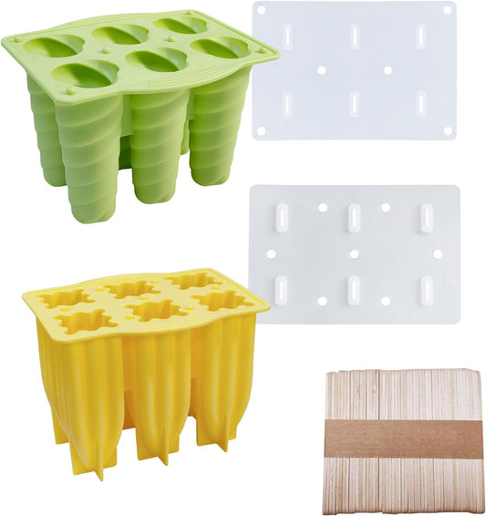 2Pack Silicone Popsicle Molds 6-Cavity Classic Cone & Spiral Design for Homemade Frozen Treats, Food-Grade Silicone Easy-Release & Reusable Ice Cream Maker for Kids & Adults