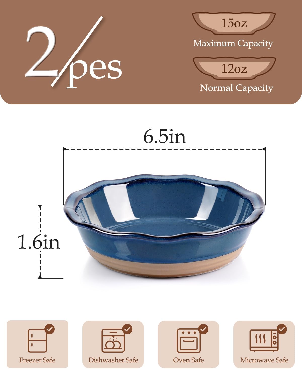 NUTRIUPS 6.5 Inch Ceramic Mini Pie Pans Set of 2, Pot Pie Baking Dishes, Small Pie Pans Oven Safe