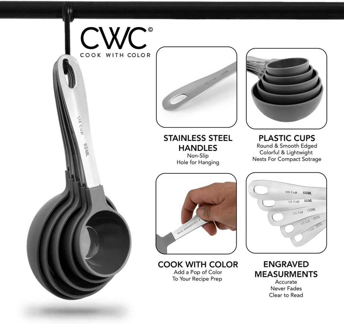 COOK WITH COLOR Measuring Cups Set and Measuring Spoon Set, Stainless Steel Handles, Nesting Kitchen Measuring Set, Liquid Measuring Cup Set, 12 PC Stainless Steel, Gray