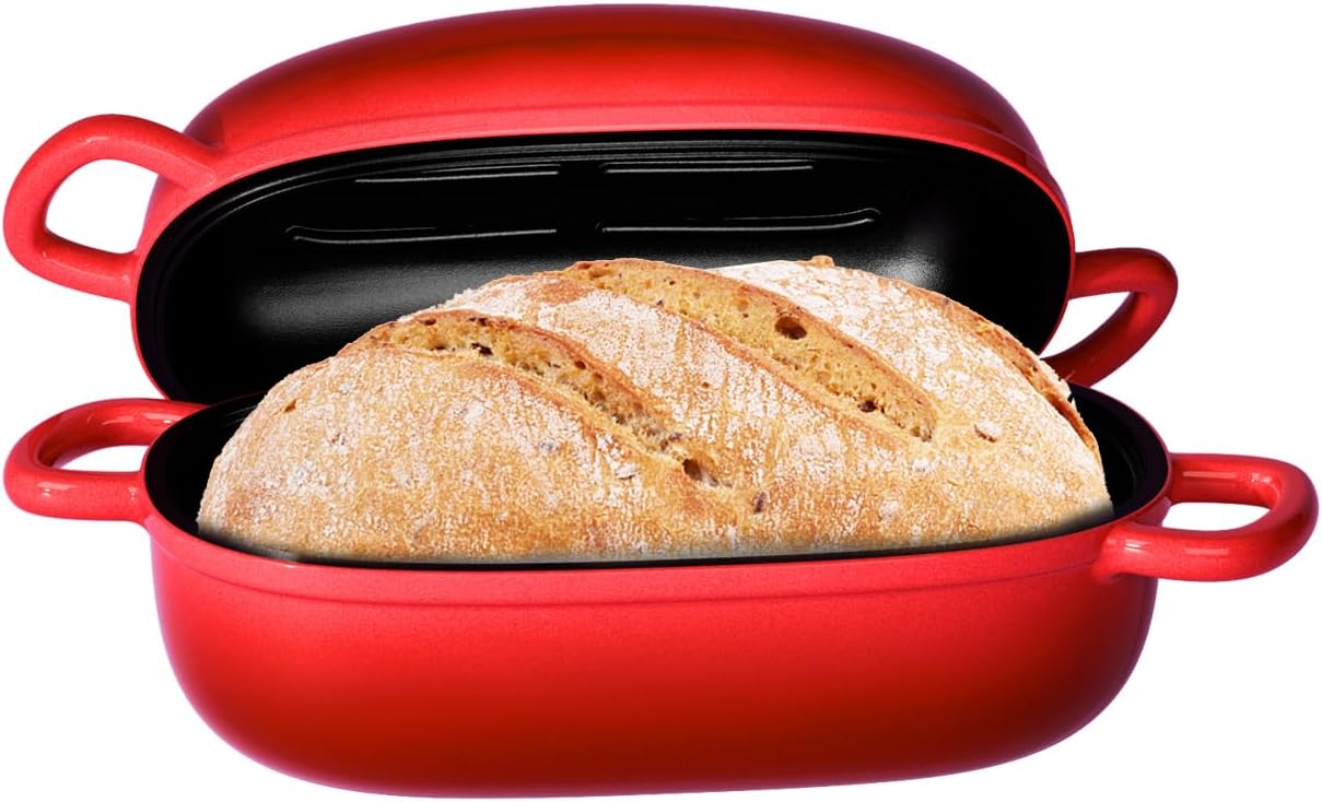 Dutch Oven for Bread Baking - 2.5QT Bread Pans for Homemade Bread Cast Iron Bread Pan Dutch Oven Loaf Pan with Lid and Loop Handles for Homemade Breadmaking, Red