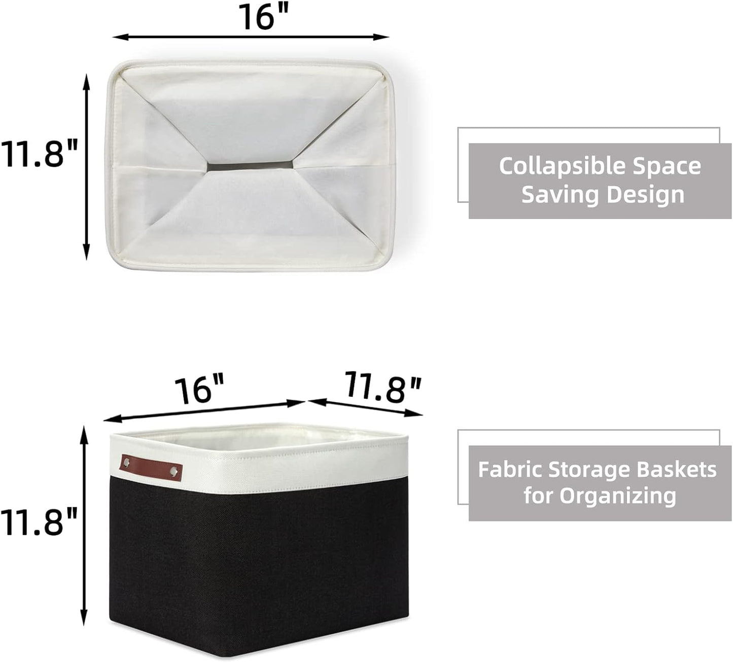 HNZIGE Decorative Organizer Baskets for Shelves 16"×11.8"×11.8" Large Storage Bins with Leather Handles (2 Pack) Foldable Storage Basket for Storage Bedroom, Balcony, Home, Laundry (Black&White)