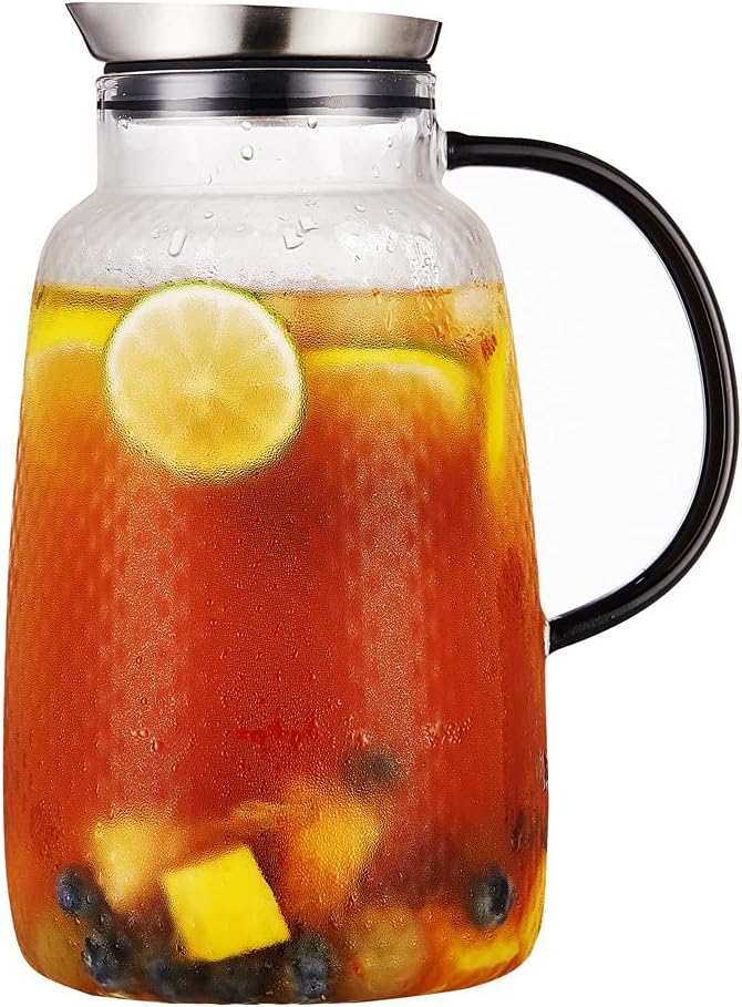Purefold Pitcher with Lid, Glass Jug with Stainless Steel Lid for Hot and Cold Water, Fruit Tea, Coffee Maker, Ice Tea, Juice, Pineapple Series (Clear, 80 oz)