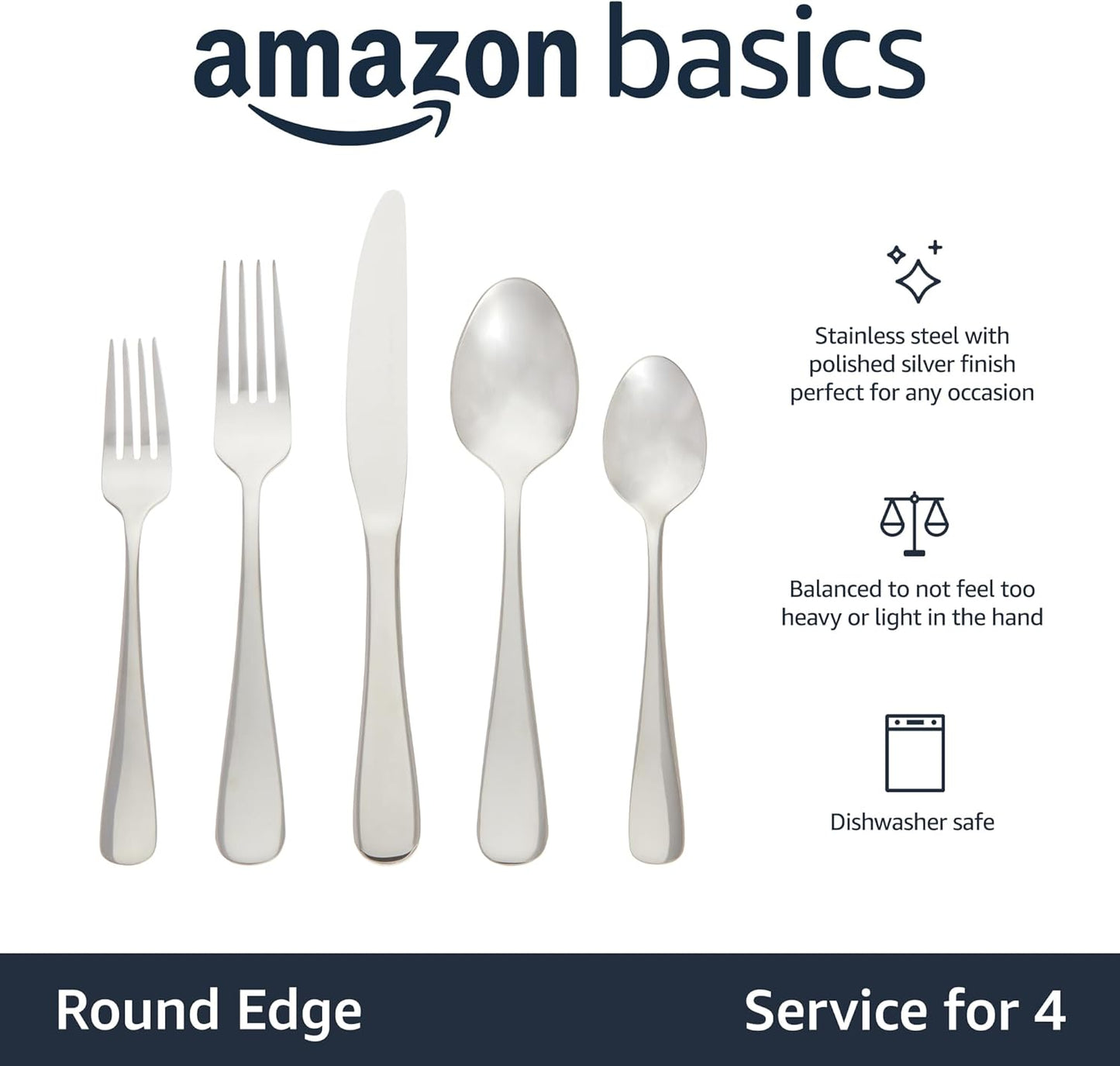 Amazon Basics Silverware Set, Stainless Steel Flatware, Dishwasher Safe, Service for 4, 20-Piece Forks and Spoons, Round Edge