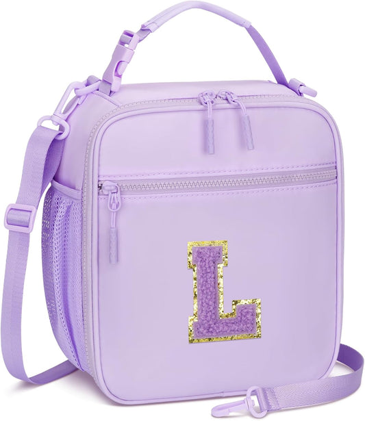 Initial Insulated Lunch Bag for Girls Kids, Back to School Gift, Reusable Leak-proof Lunch Box with Adjustable Strap for School Daycare Travel Picnic (Purple,L)