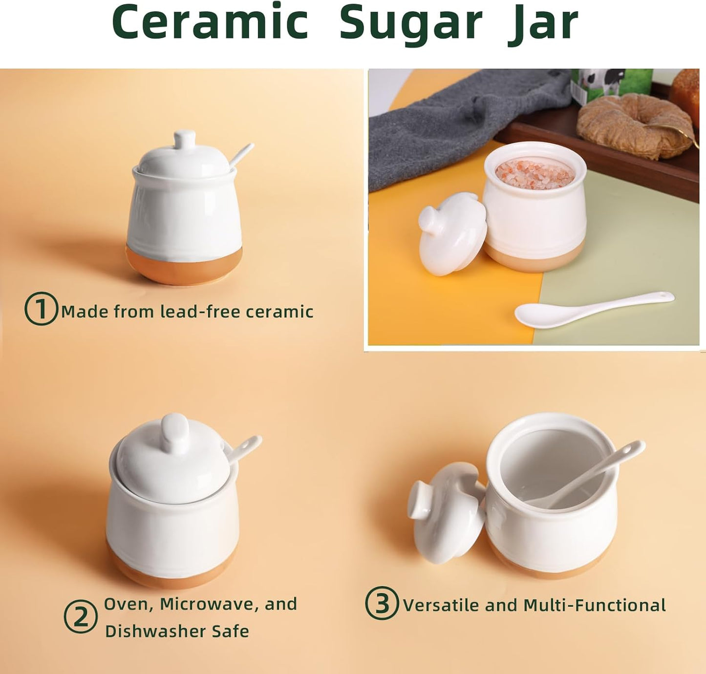 LEETOYI Sugar Bowl with Lid and Spoon, 12 oz Ceramic Sugar jar, Sugar Container for Coffee Bar, Sugar Dispenser Bowl, Microwave & Dishwasher Safe, White