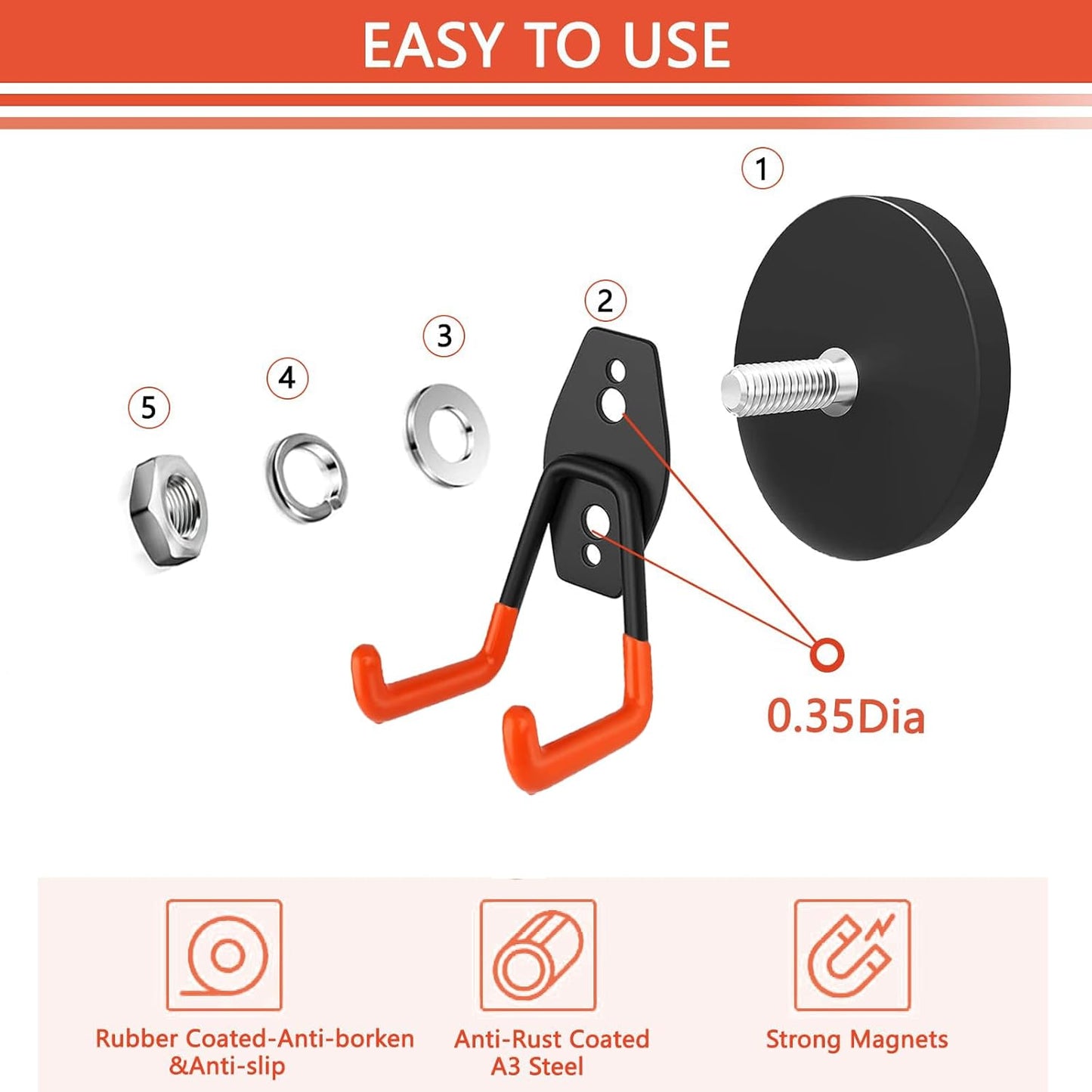 Heavy Duty Magnetic Garage Hook,4 Pack Strong Large Magnet Hooks for Power Drill,Garden Tools,Hose,Pegboard,Garage, Workshop,Magnetic Storage Hooks for Indoor Outdoor Hanging(Orange)