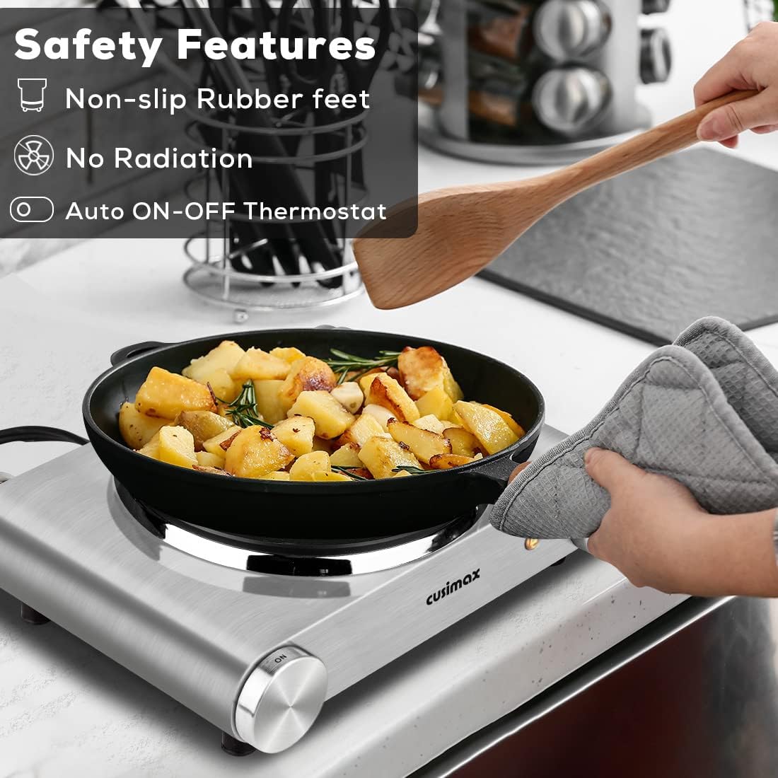 Hot Plate, CUSIMAX Electric Burner 1500W Hot Plate Cooking Single Burner Electric Stove with Heat-up in Seconds Adjustable Temperature Control Silver Stainless Steel Body, Your Kitchen Assistant