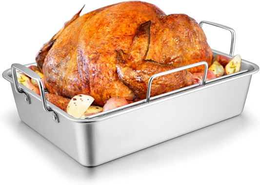 Roasting Pan with Rack for Turkey Chicken, Joyfair Stainless Steel Roaster Pan and V-rack for Toaster Oven, Rectangular Bakeware with Sturdy Handles, Heavy Duty & Dishwasher Safe (Large)