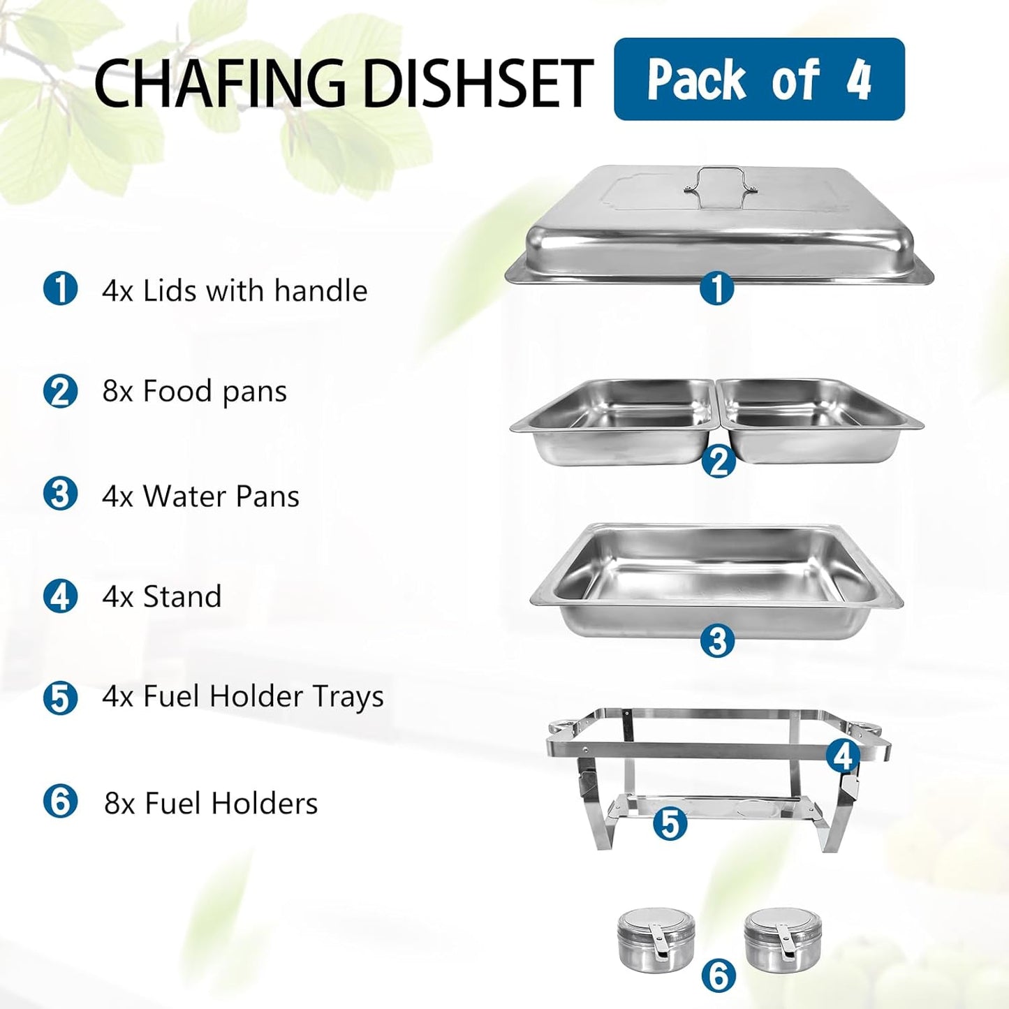 Chafing Dish for Buffet, 6 Pack Stainless Steel Chafing Servers Food Warmer Set with 8QT Half Size Food Pan for Kitchen Party Banquet Dining