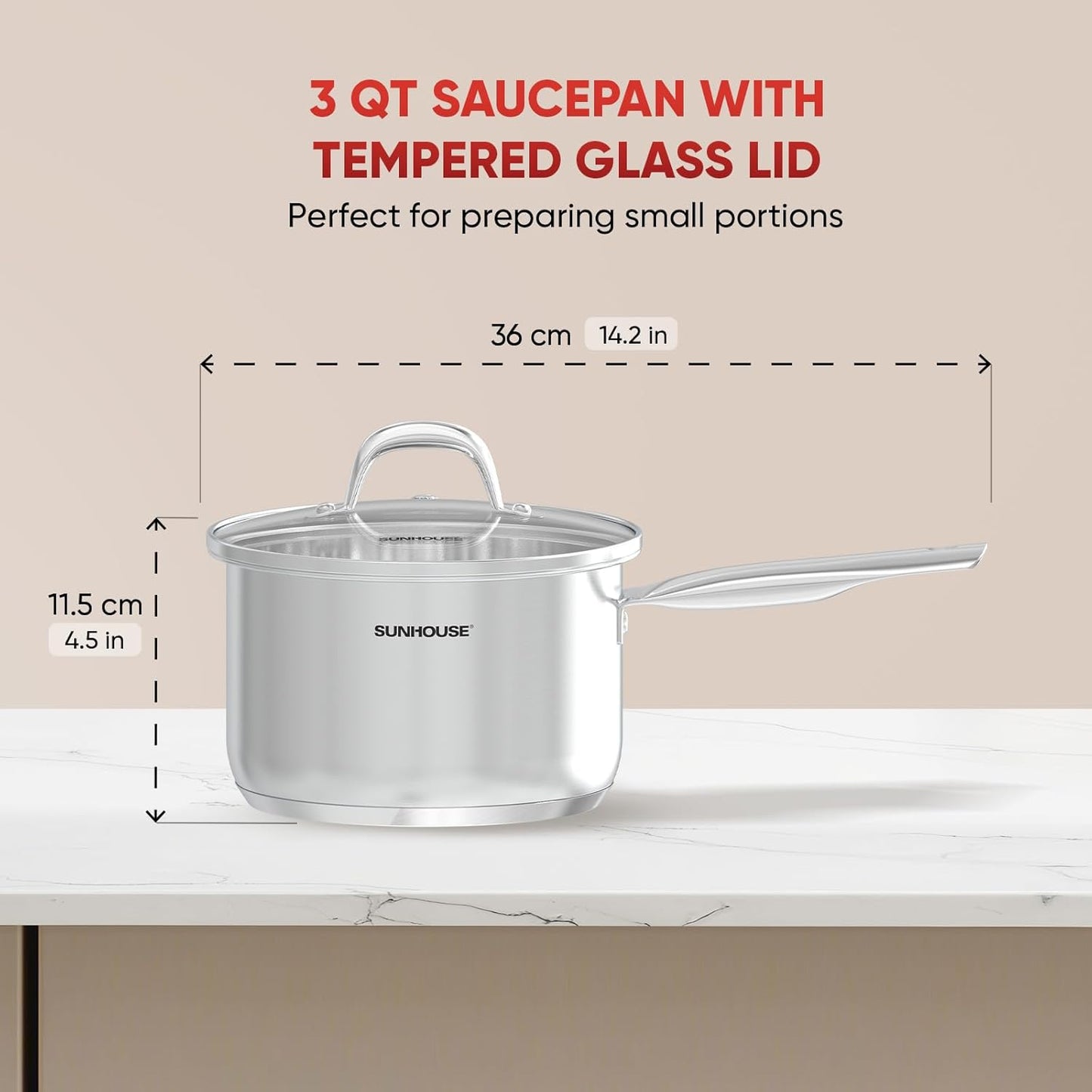 Sunhouse – 3 Quarts Stainless Steel Sauce Pan with Lid - PFOA-FREE, Stainless Steel Sauce Pan, Induction base, Stay-Cool Handle, Compatible with All Cooktops Gas, Geramic, Electric etc.