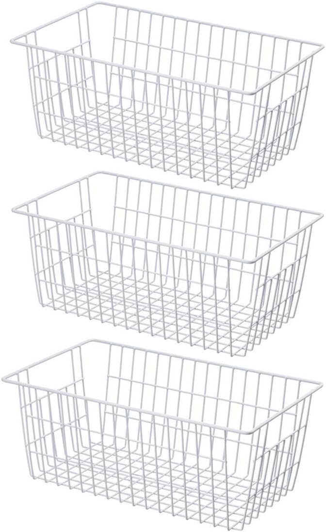 SANNO Large Freezer Baskets Metal Storage Organizer Bin Basket Wire Storage Basket for Kitchen Pantry Bathroom Set of 3 Large Metal Farmhouse Food Fruit Produce Organizer Bins