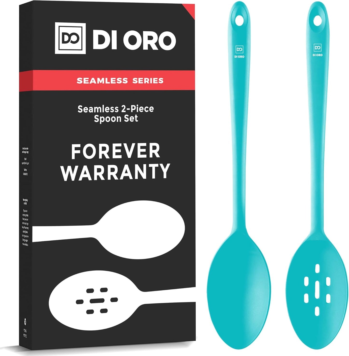 DI ORO Silicone Cooking Spoons - Large Mixing, Serving & Stirring - 600F Heat-Resistant Non-Stick - Big Solid & Slotted Basting Spoons - Dishwasher Safe (2pc, Teal)