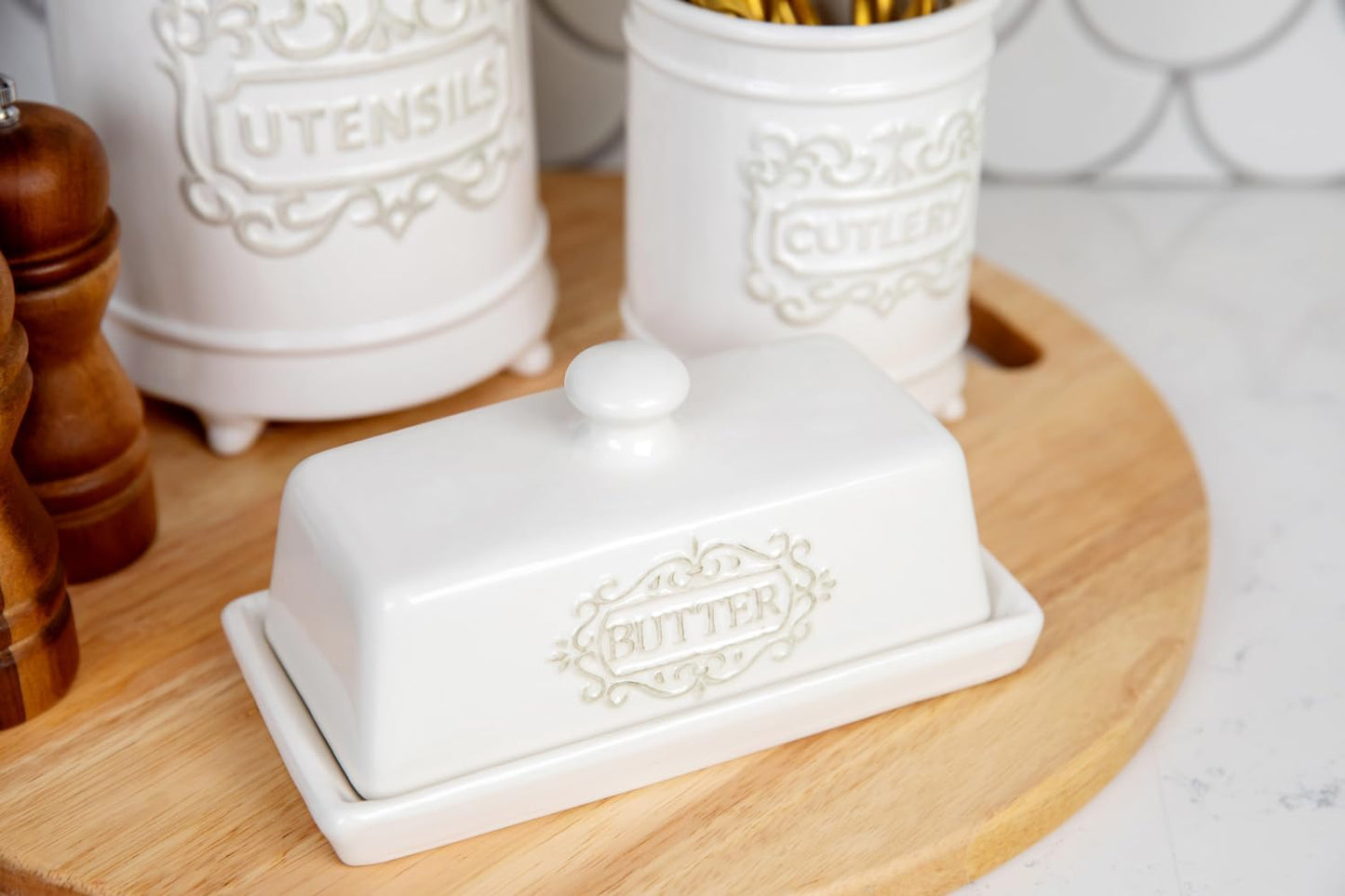 Covered Butter Dish with Lid - Elegant Engraved Butter Holder with Lid - Ceramic Butter Stick Holder Tray Holds Any Size Stick - Decorative Butter Keeper Container for Countertop & Fridge - 7.7" x 4"