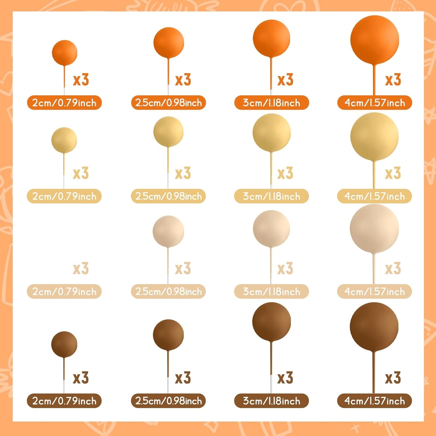 48 Pcs Balls Cake Topper Decorations Balloon Cupcake Toppers Foam Cake Topper Balls Cake Balls Decorations for Birthday Party Wedding Cake Decorating (Orange, Yellow, Apricot, Khaki)