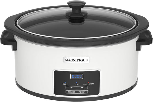 7-Quart Programmable Slow Cooker with Timer Keep Warm - Small Kitchen Appliance for Family Dinners - Serves 6+ People - Heat Settings: Keep Warm(White, Black Liner)