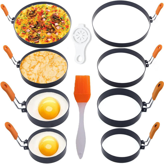 Stainless Steel Egg Rings - 8 Pack, 8" Omelet, 6" Pancake, 4" & 3.5" Egg Muffin Rings with Oil Brush & Separator