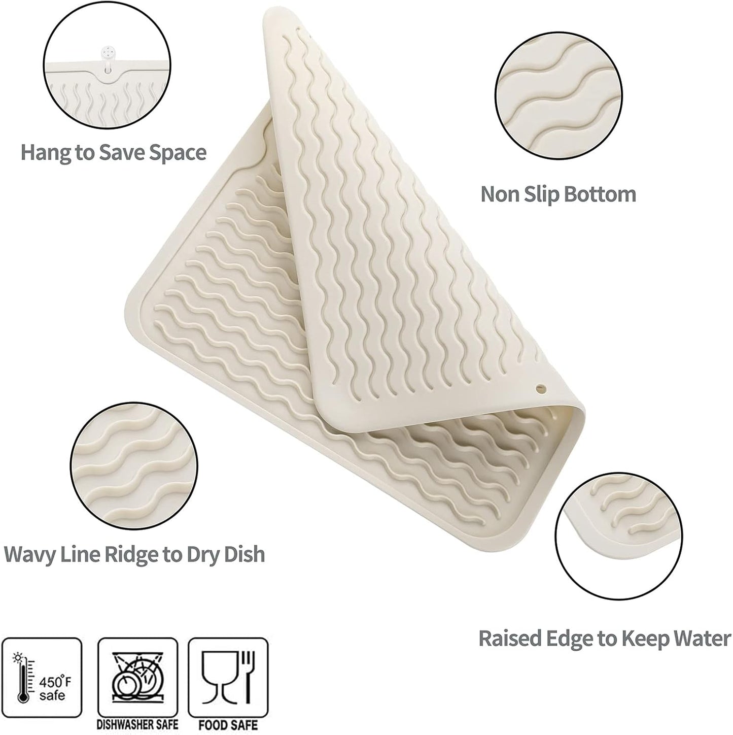 Silicone Dish Drying Mat for Multiple Usage,Easy clean,Eco-friendly,Heat-resistant Silicone Mat for Kitchen Counter or Sink,Refrigerator or Drawer liner Tapioca M 12 inches x 12 inches