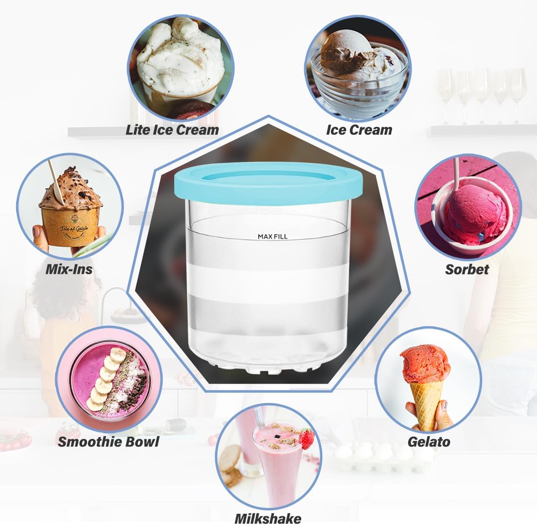 NANOBABY Pint Containers and Lids Replacement Compatible with Ninja CREAMi 7-in-1 Ice Cream Maker, 16oz Pint Cup Replacement for Ninja Creami NC300 Series,NC301 NC299AMZ CN305A CN301CO,4-Pack,BPA Free
