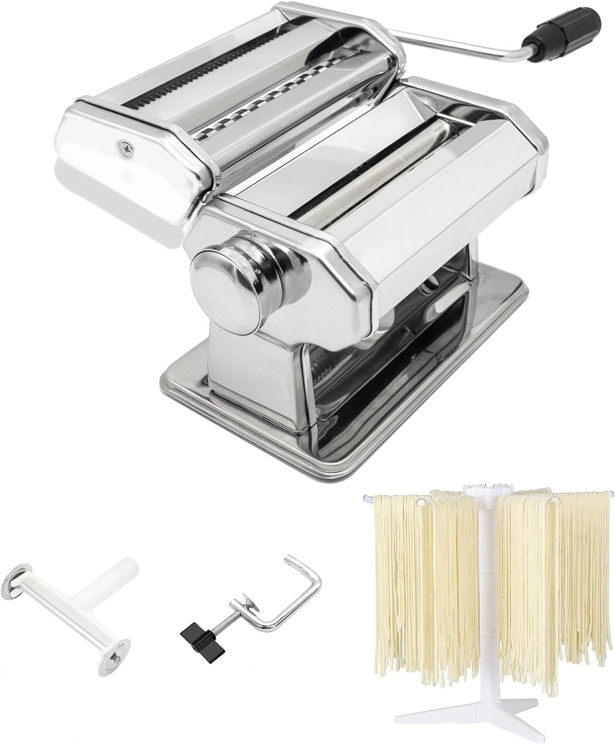 Pasta Maker Machine, 9 Adjustable Thickness Settings 2 in 1 Noodle Maker Dumpling Maker Machine Set with Dough roller, Pasta cutter, Pasta Drying Rack Attachment