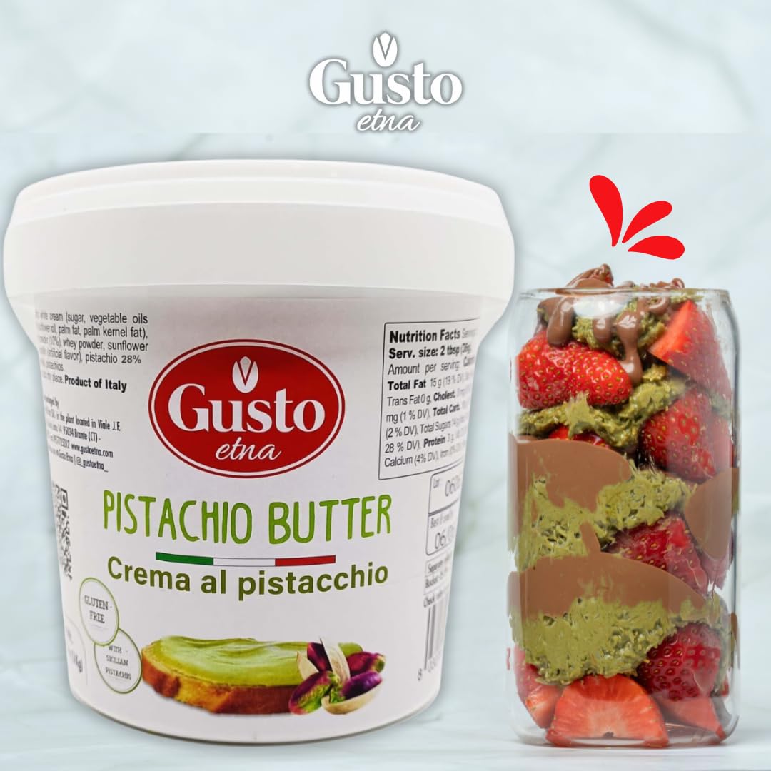 GUSTO ETNA Pistachio Cream, Sweet Nut Butter, Bulk Tub, Rich & Nutty filling for Knafeh Pistachio Chocolate Bars, Sweet Pistachios Spread, Pistachios Paste & more Product of Sicily, Italy, 2.2 LB (1 Kg)