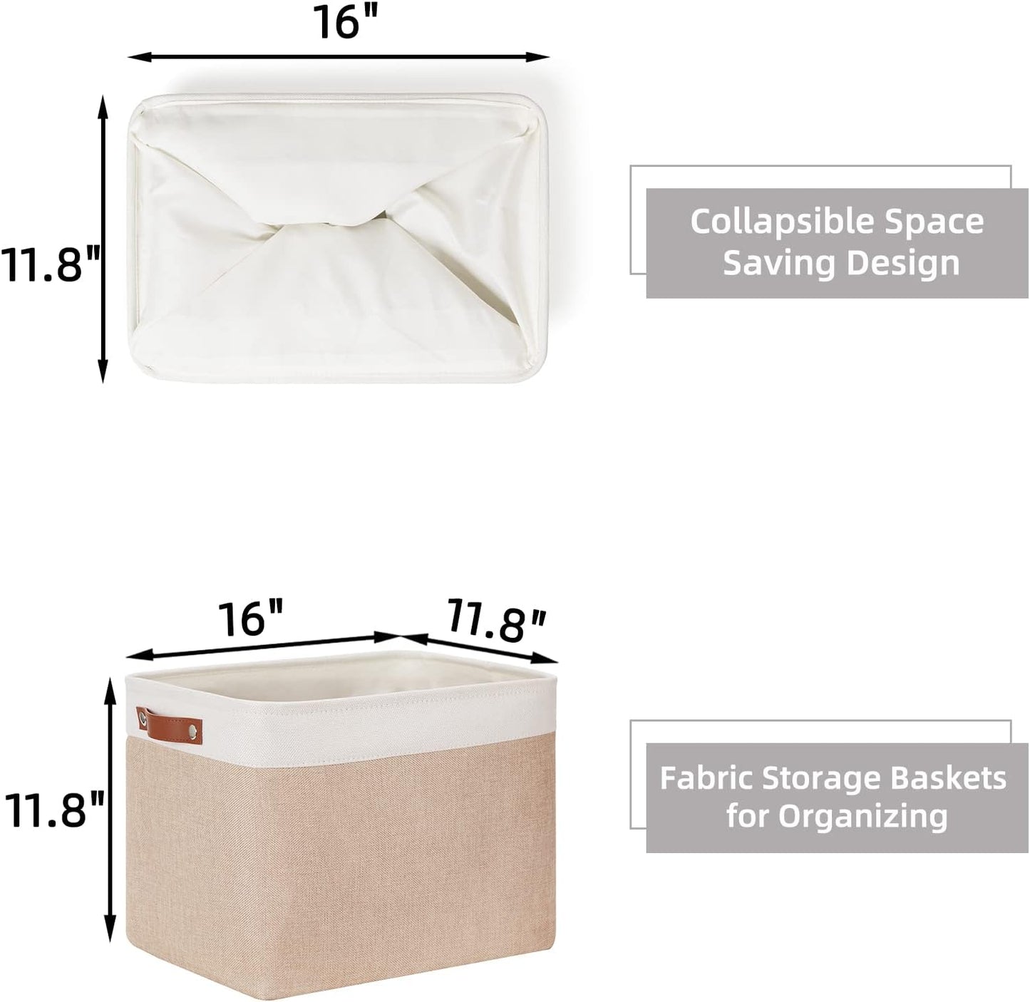 HNZIGE Fabric Storage Baskets for Organizing [2 Pack] Large Canvas Rectangular Storage Bins for shelves 16" X 11.8" X 11.8" Clothes Baskets Collapsible Bins for Closet Linen Organizers (Beige&White)