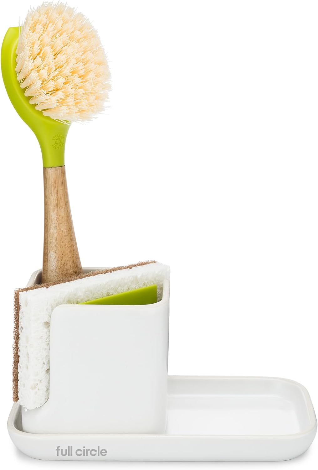 Full Circle Stash, Ceramic Kitchen Sink Caddy, Stylish Modular Sponge Holder & Dish Brush Organizer, Green and White, 11"
