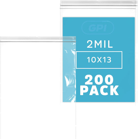 GPI Pack Of 200, 10" x 13" CLEAR PLASTIC RECLOSABLE ZIP BAGS - Bulk 2 mil Thick Strong & Durable Poly Baggies With Resealable Zip Top Lock For Travel, Storage, Packaging & Shipping