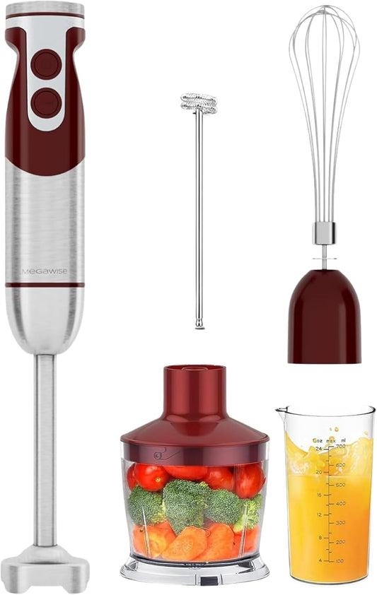 MegaWise 5-in-1 Immersion Hand Blender Set with Variable Speed, 400W, Stainless Steel - Includes Chopper, Whisk, Milk Frother, and Beaker - Ideal for Soups, Smoothies, Baby Food & More (RED)