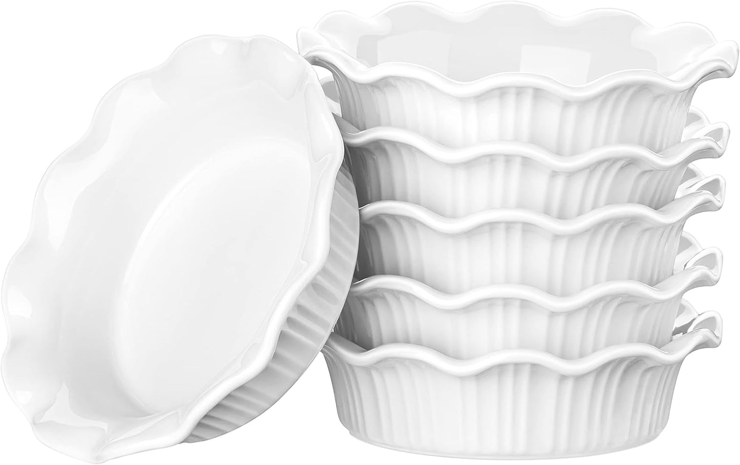 LOVECASA Ceramic Mini Pie Pans Set of 6-5.5 Inch Oven Safe Small Pie Dishes, Nonstick Mini Pot Pie Baking Tins for Chicken Pot Pie, Tarts, Quiches & Desserts, Stackable Ruffled Rims, White