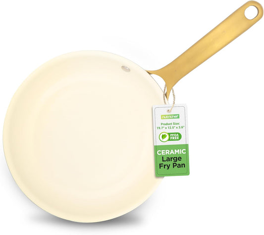 NutriChef 12" Large Ceramic Fry Pan - Non-Stick Ceramic Coated Skillet with Stylish Titanium Handle, Durable, Easy to Clean, Professional Cookware