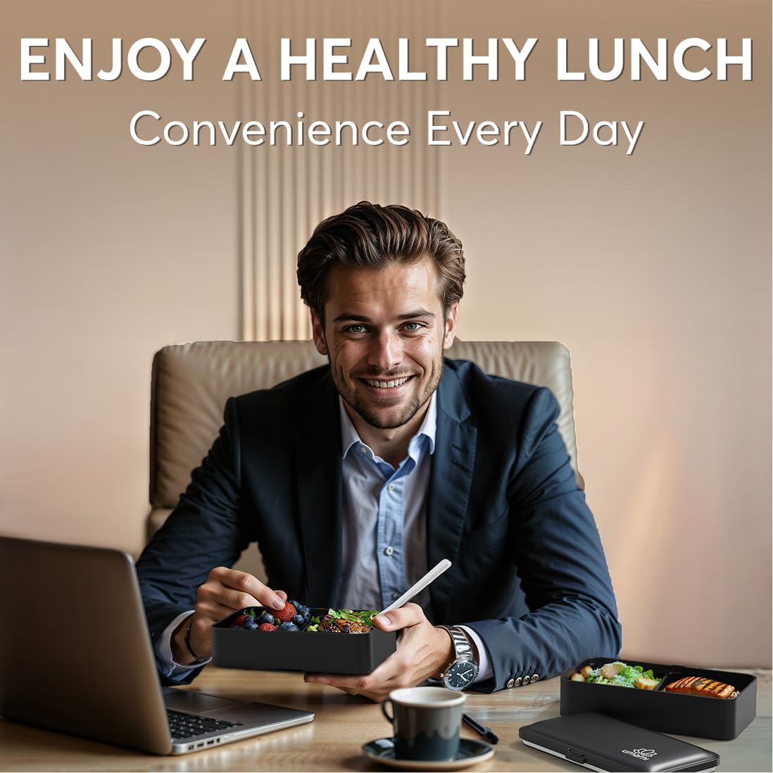 Umami Bento Box Adult All-In-1 w/4 Utensils, Sauce Jar, 2 Dividers, 100% Leakproof, Microwave & Dishwasher Safe, Stackable Bento Lunch Box Containers for Men/Women, Matte Black, 40 oz