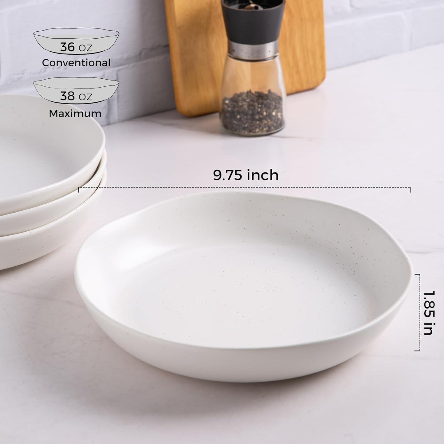 AmorArc 9.75'' Speckled Large Ceramic Pasta Bowls, 38oz Stoneware Bowls Set of 6, Oven, Microwave&Dishwasher Safe Bowls with Wavy Rim for Fruit Pasta Salad Meal, Matte Speckled White