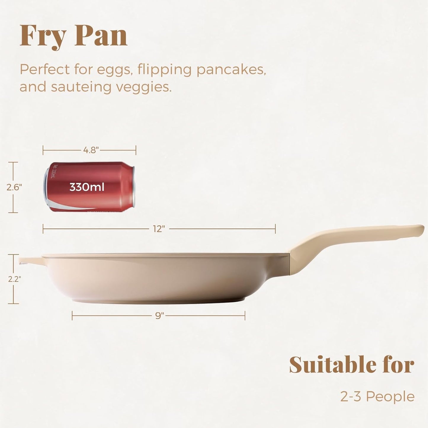 Nonstick Frying Pan, 8/10/12 Inch Stain/Scratch/Crack Proof Chef Pan, Healthy Skillet, PFOA Free Omelet Pan, Dishwasher & Oven Safe, Induction Compatible (12-Inch, Natural Linen)