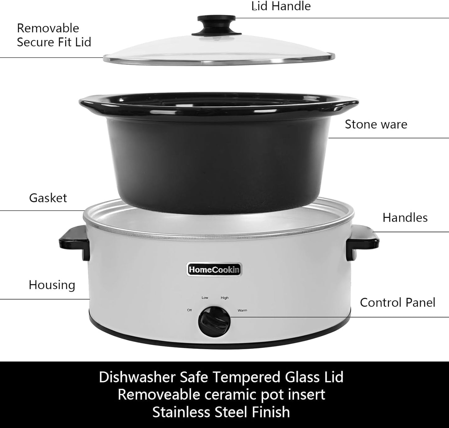 HOMECOOKIN 6 Quart Slow Cooker Oval Manual Pot Food Warmer with 3 Cooking Settings, White Stainless Steel