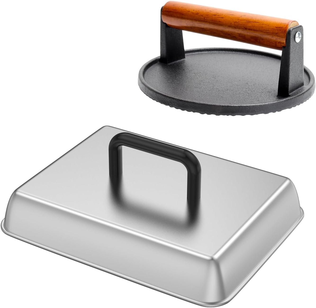 SafBbcue Round Cast Iron Smash Burger Grill Weight Press & Griddle Steamer Melting Dome Basting Cover for Blackstone Flat Top Grills Accessories, 14" Rectangular Stainless Steel Grill Basting Cover